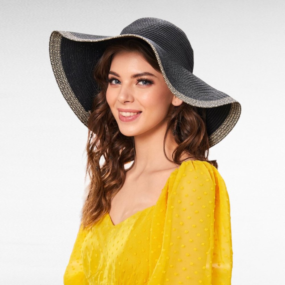 NEW TASSEL DECOR WIDE BRIM STRAW HAT (BLACK & TAN)
